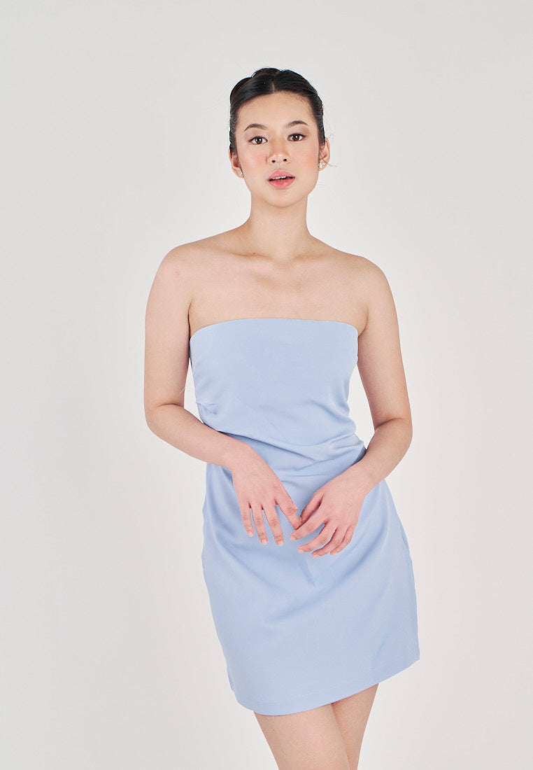 Kayna Blue Ruched Sides Tube Mini Dress