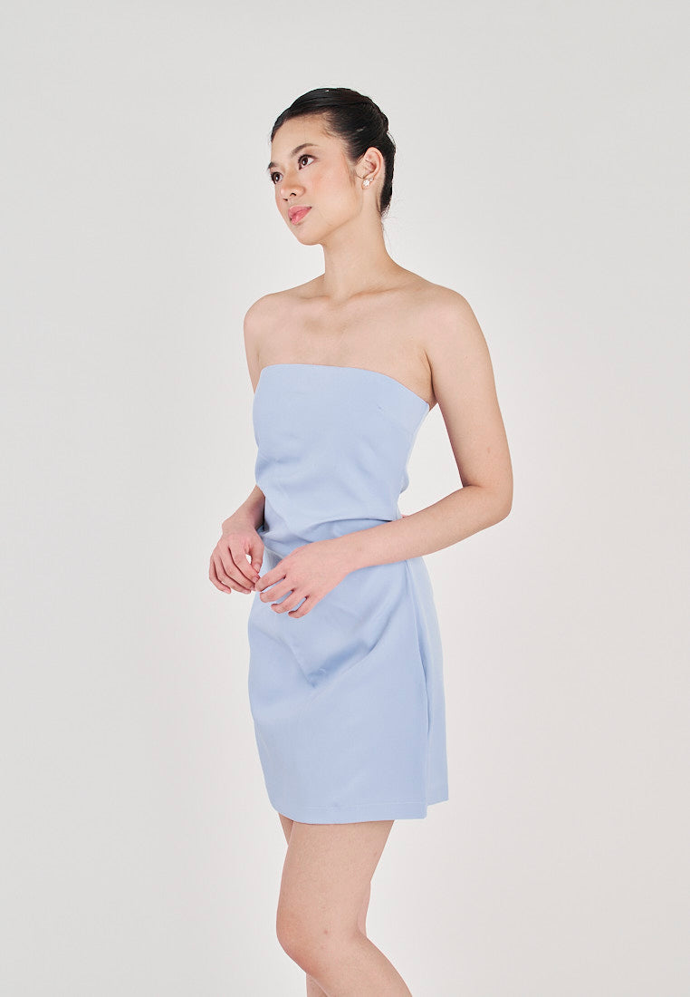 Kayna Blue Ruched Sides Tube Mini Dress
