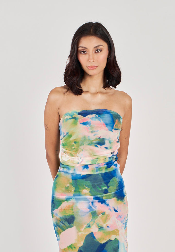 Elba Blue with Green Abstract Print Pleated Sides Mesh Tube Midi Dress
