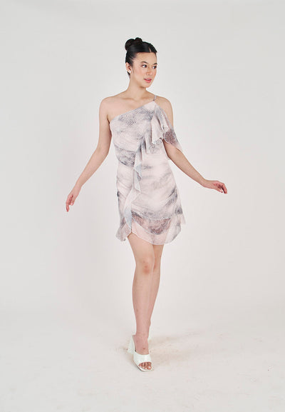 Isobel Black and White Abstract Print Asymmetrical Neckline Front Ruffle Single Strap Mini Dress