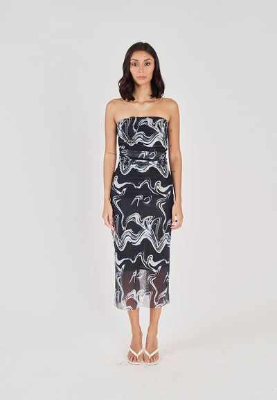 Elba Black with White Wave Print All Over Pleated Sides Mesh Tube Midi Dress
