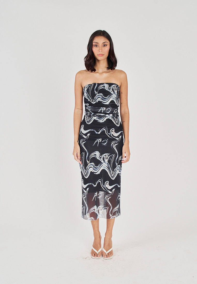 Elba Black with White Wave Print All Over Pleated Sides Mesh Tube Midi Dress