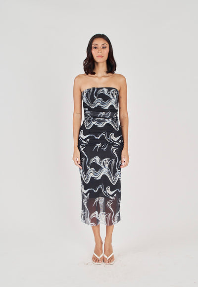 Elba Black with White Wave Print All Over Pleated Sides Mesh Tube Midi Dress
