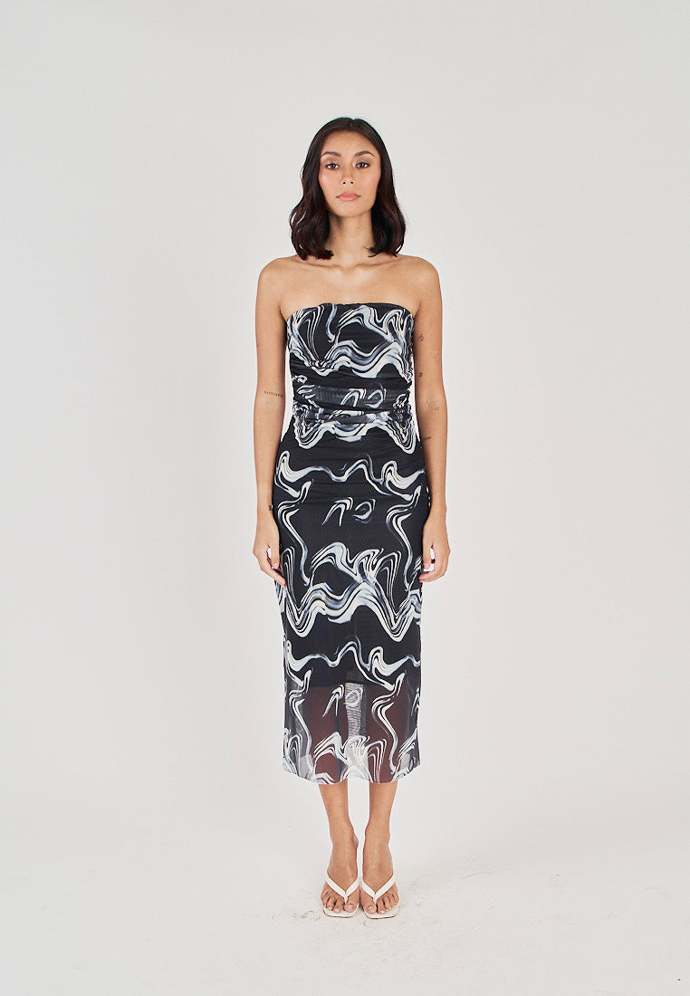 Elba Black with White Wave Print All Over Pleated Sides Mesh Tube Midi Dress