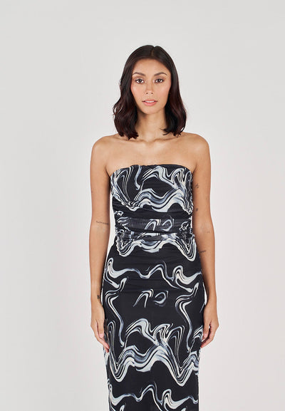 Elba Black with White Wave Print All Over Pleated Sides Mesh Tube Midi Dress