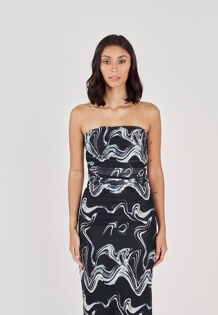 Elba Black with White Wave Print All Over Pleated Sides Mesh Tube Midi Dress