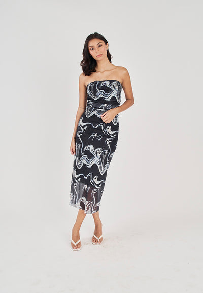 Elba Black with White Wave Print All Over Pleated Sides Mesh Tube Midi Dress