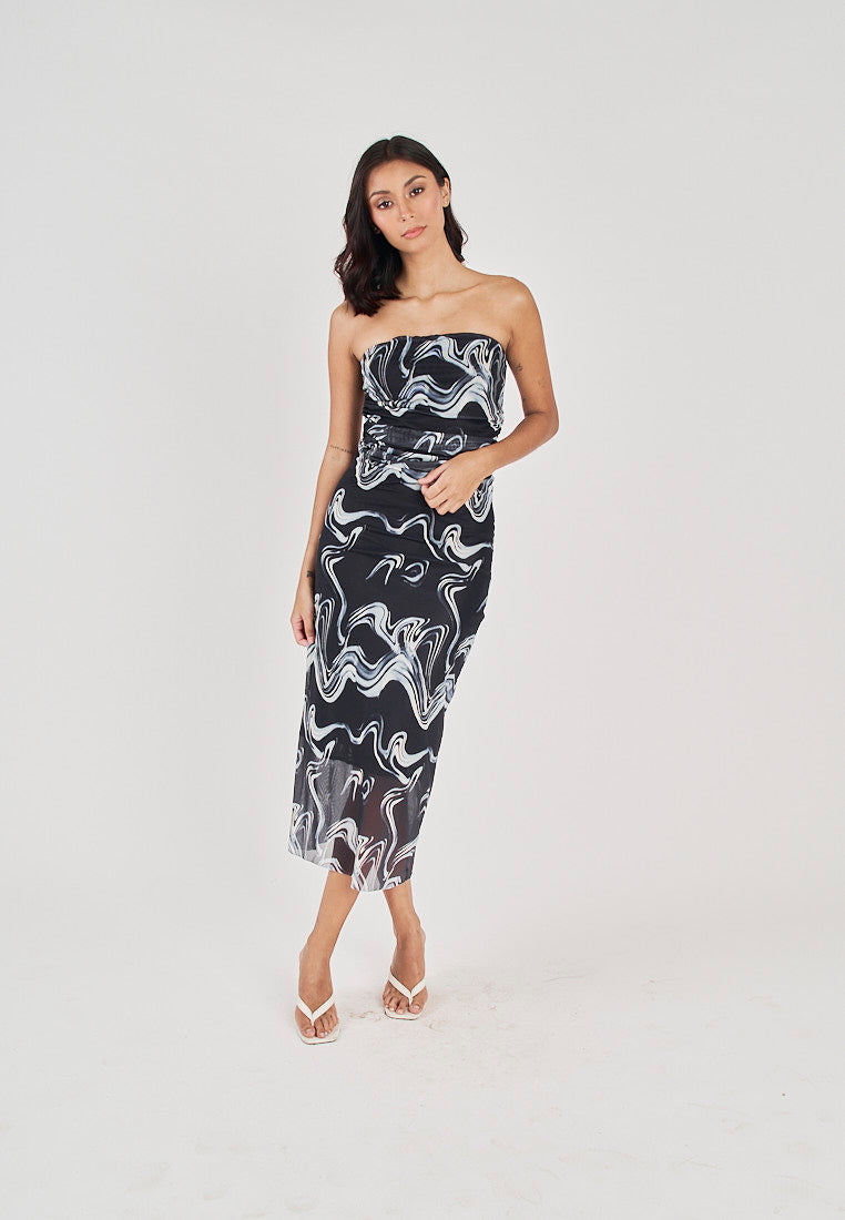 Elba Black with White Wave Print All Over Pleated Sides Mesh Tube Midi Dress