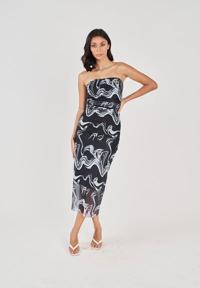 Elba Black with White Wave Print All Over Pleated Sides Mesh Tube Midi Dress