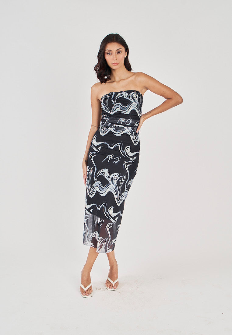 Elba Black with White Wave Print All Over Pleated Sides Mesh Tube Midi Dress