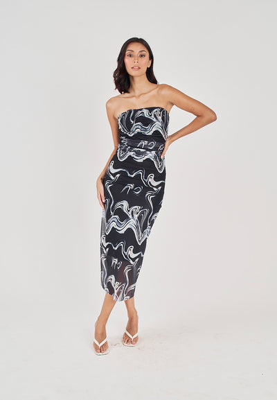 Elba Black with White Wave Print All Over Pleated Sides Mesh Tube Midi Dress