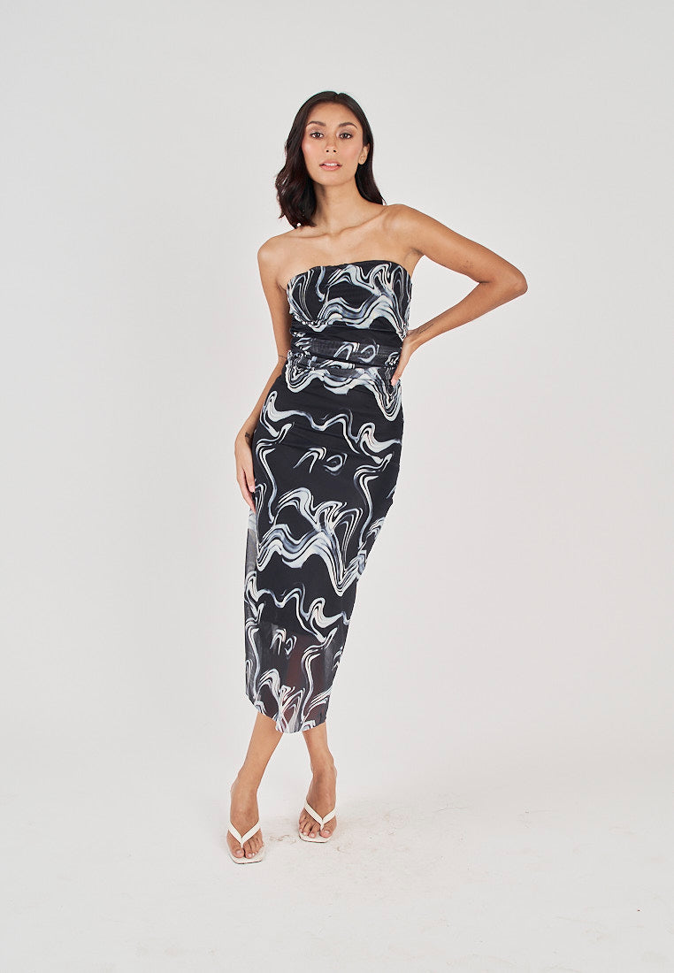 Elba Black with White Wave Print All Over Pleated Sides Mesh Tube Midi Dress