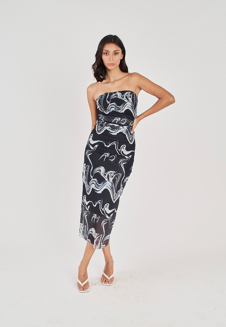 Elba Black with White Wave Print All Over Pleated Sides Mesh Tube Midi Dress