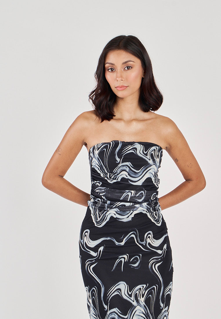 Elba Black with White Wave Print All Over Pleated Sides Mesh Tube Midi Dress
