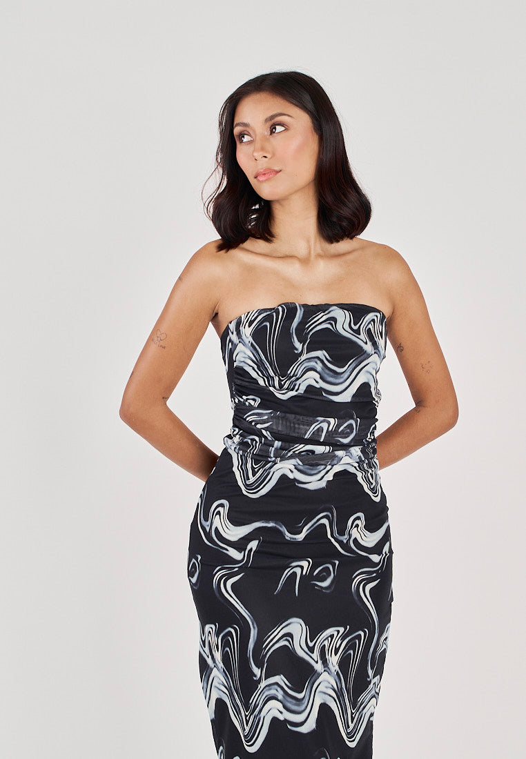 Elba Black with White Wave Print All Over Pleated Sides Mesh Tube Midi Dress