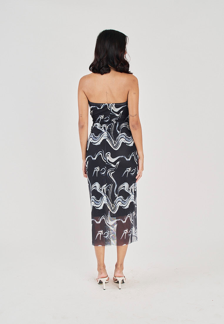 Elba Black with White Wave Print All Over Pleated Sides Mesh Tube Midi Dress