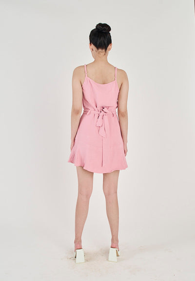 Ehra Rose Pink V Neckline Front Ruffle Sleeveless Mini Dress with Belt