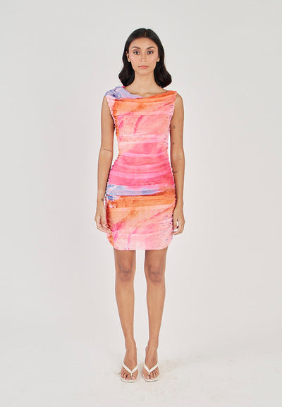 Aella Multicolor Tie Dye Crew Neckline Pleated Mini Dress