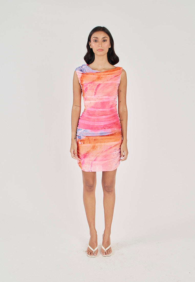 Aella Multicolor Tie Dye Crew Neckline Pleated Mini Dress