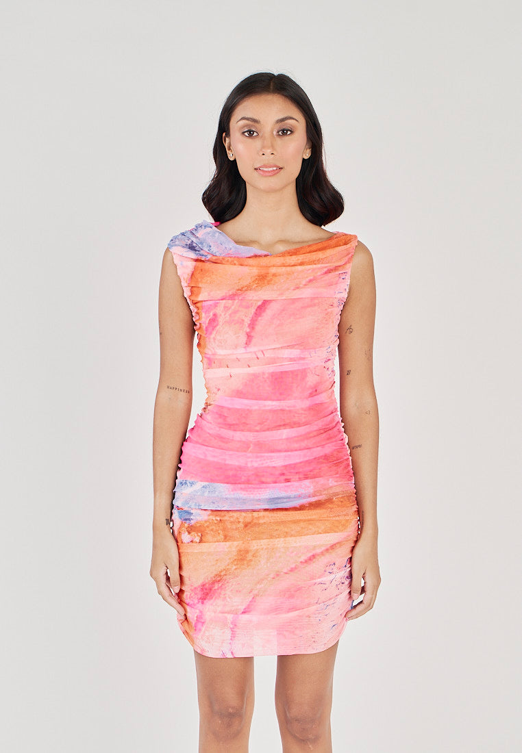 Aella Multicolor Tie Dye Crew Neckline Pleated Mini Dress