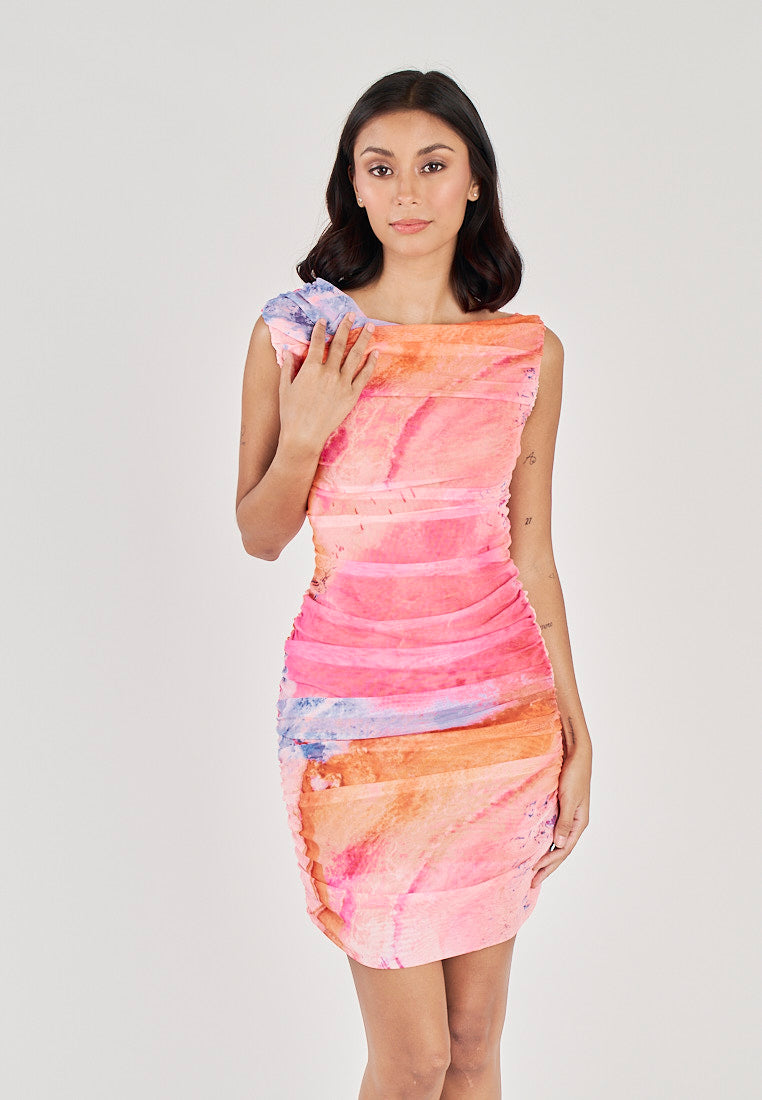 Aella Multicolor Tie Dye Crew Neckline Pleated Mini Dress