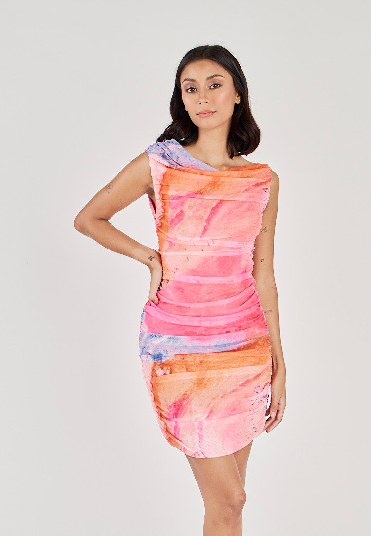 Aella Multicolor Tie Dye Crew Neckline Pleated Mini Dress