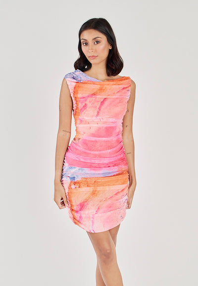 Aella Multicolor Tie Dye Crew Neckline Pleated Mini Dress