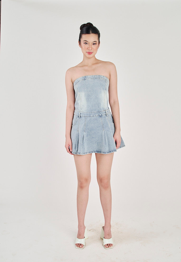 Ulah Light Blue Denim Pleated with Side Zipper and Pockets Tube Mini Dress