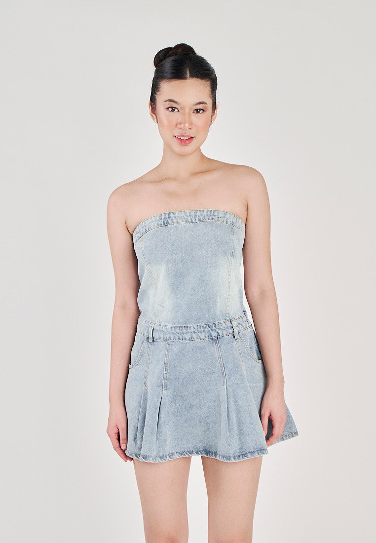Ulah Light Blue Denim Pleated with Side Zipper and Pockets Tube Mini Dress