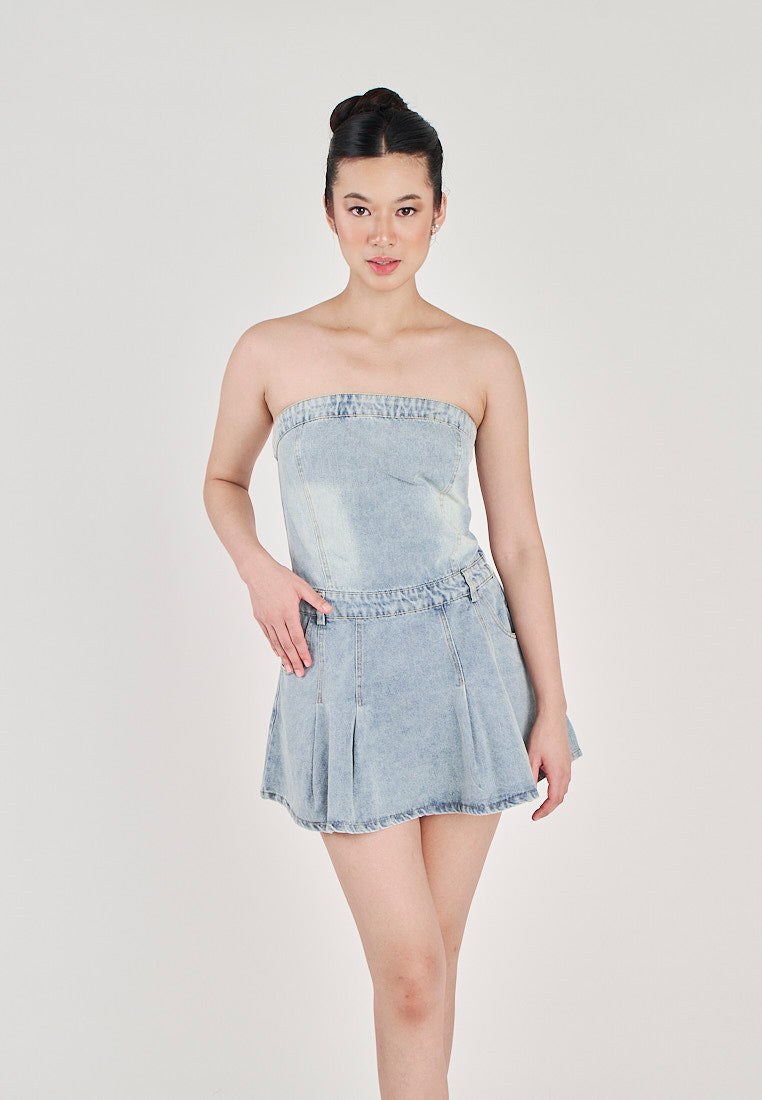 Ulah Light Blue Denim Pleated with Side Zipper and Pockets Tube Mini Dress