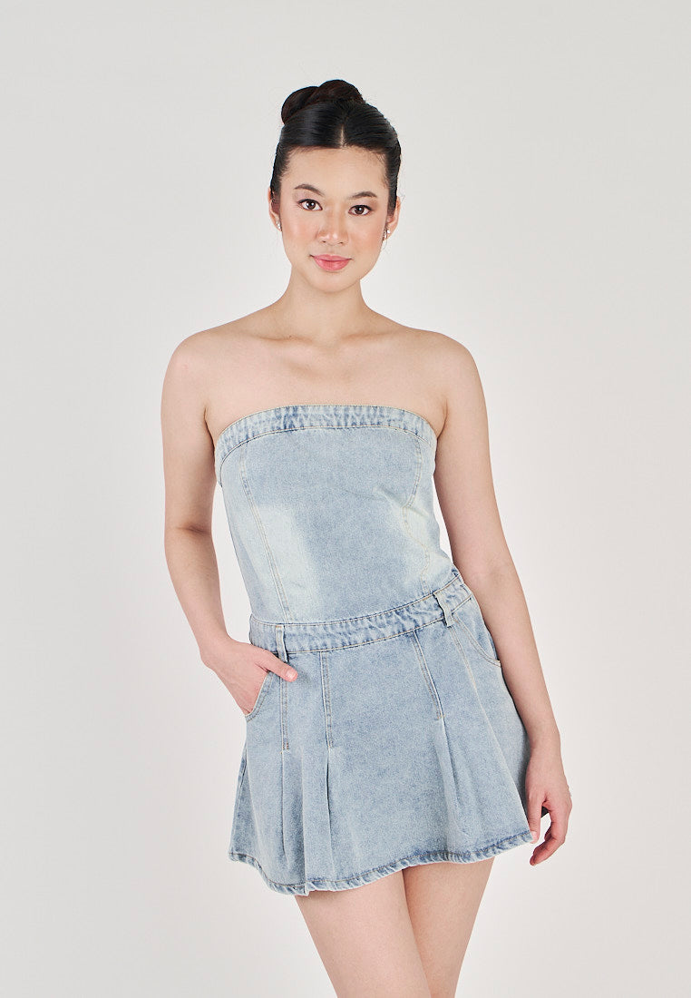Ulah Light Blue Denim Pleated with Side Zipper and Pockets Tube Mini Dress