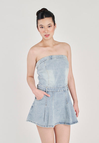 Ulah Light Blue Denim Pleated with Side Zipper and Pockets Tube Mini Dress