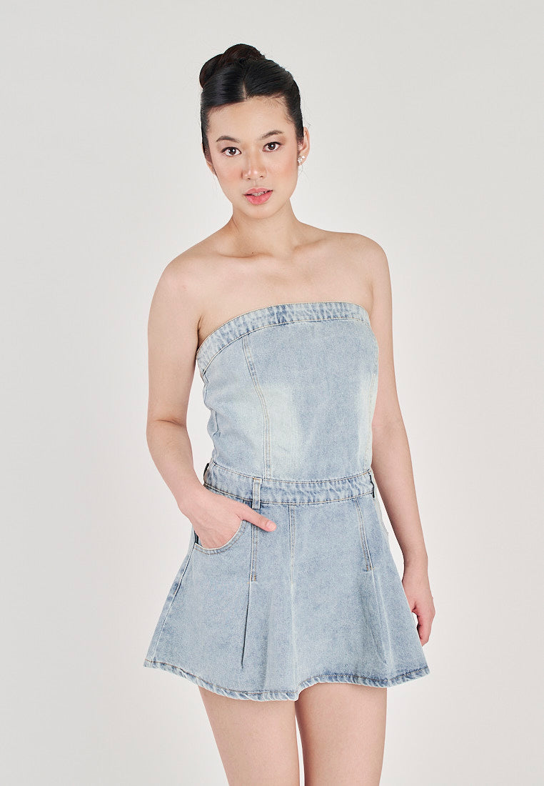 Ulah Light Blue Denim Pleated with Side Zipper and Pockets Tube Mini Dress