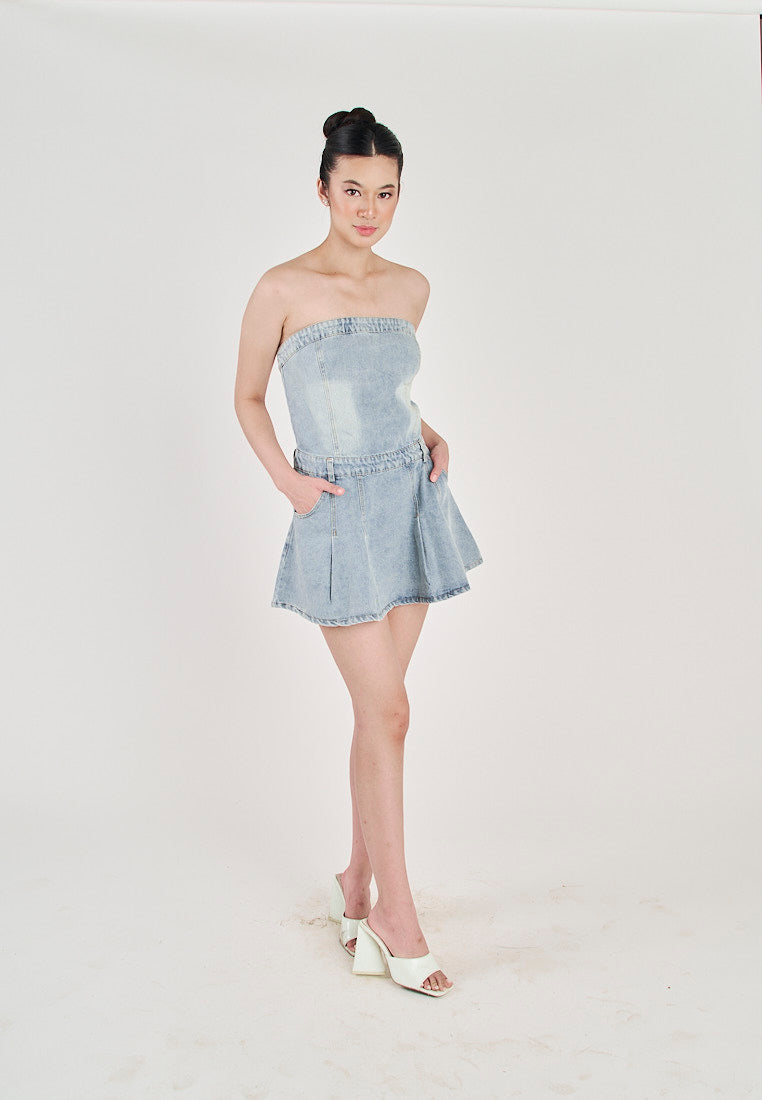 Ulah Light Blue Denim Pleated with Side Zipper and Pockets Tube Mini Dress