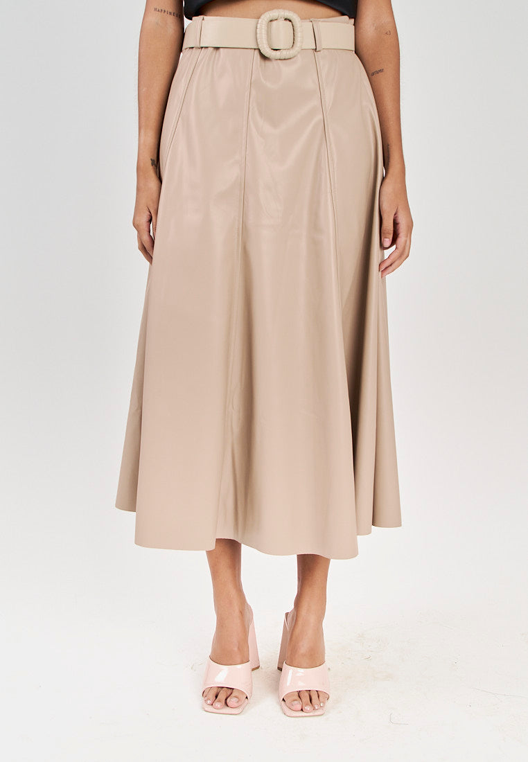 Pummy Beige Zipper Fly Leather Flare Midi Skirt with Belt