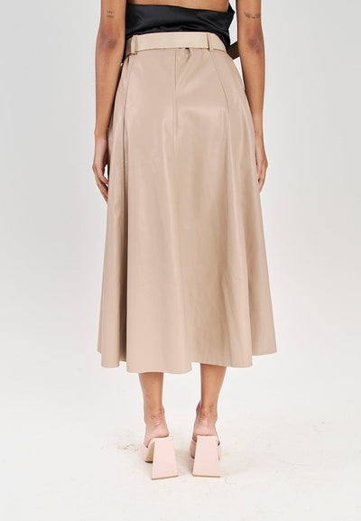 Pummy Beige Zipper Fly Leather Flare Midi Skirt with Belt