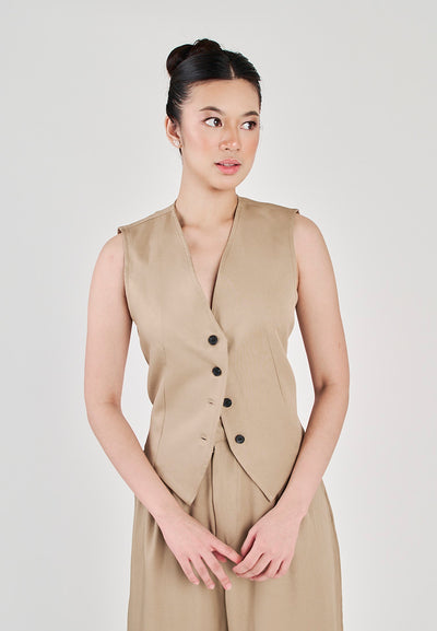 Kimi Khaki V Neckline Button Sleeveless Vest Top