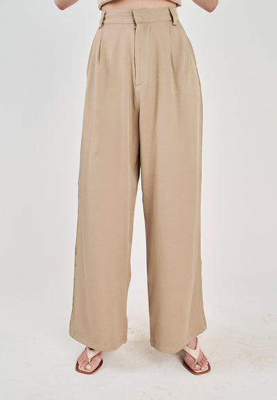 Kennie Khaki Zipper Fly Pleated Full Length Trouser Pants