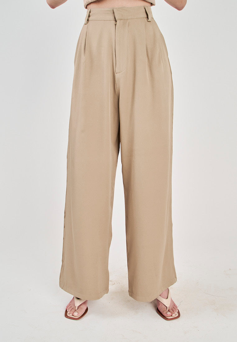 Kennie Khaki Zipper Fly Pleated Full Length Trouser Pants