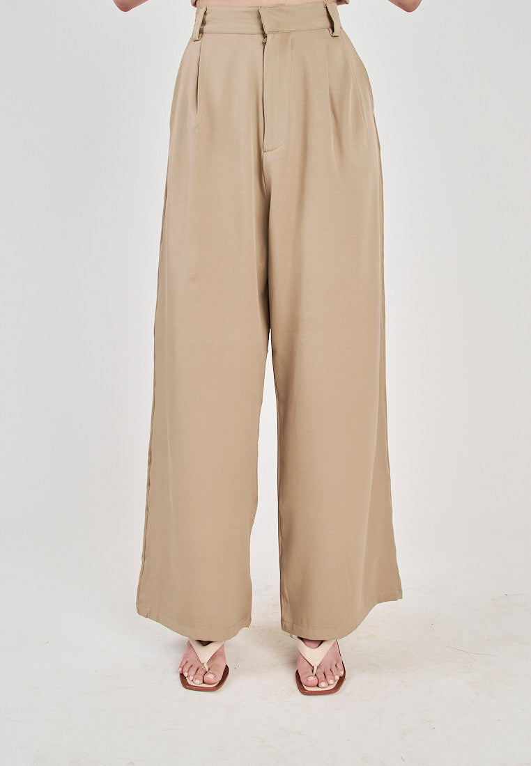 Kennie Khaki Zipper Fly Pleated Full Length Trouser Pants