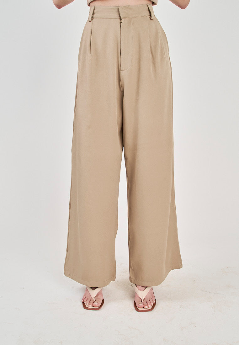 Kennie Khaki Zipper Fly Pleated Full Length Trouser Pants