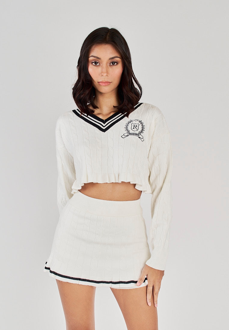 Kasey White with Black V Neckline Knitted Sweater Cropped Jacket