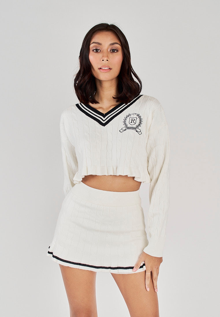 Kasey White with Black V Neckline Knitted Sweater Cropped Jacket