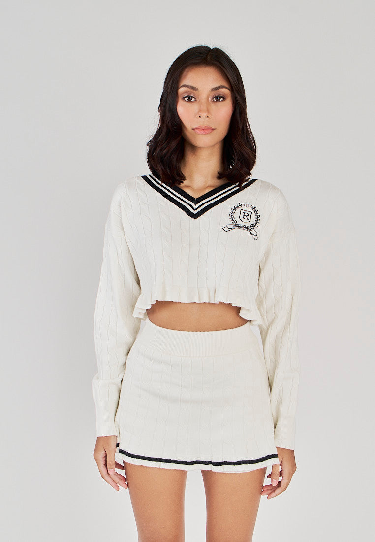 Kasey White with Black V Neckline Knitted Sweater Cropped Jacket