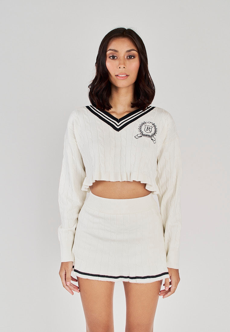 Kasey White with Black V Neckline Knitted Sweater Cropped Jacket