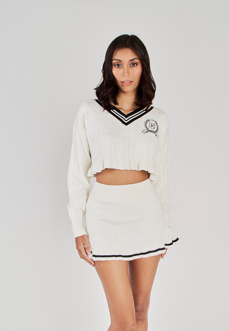 Kasey White with Black V Neckline Knitted Sweater Cropped Jacket