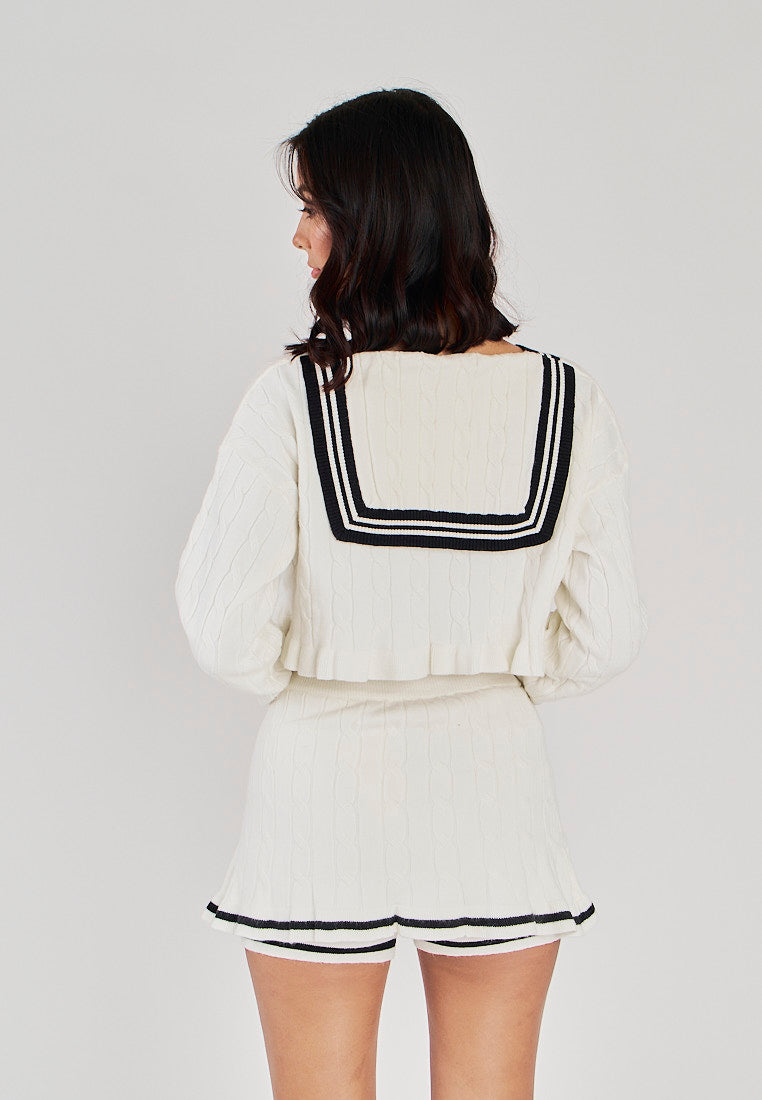 Kasey White with Black V Neckline Knitted Sweater Cropped Jacket