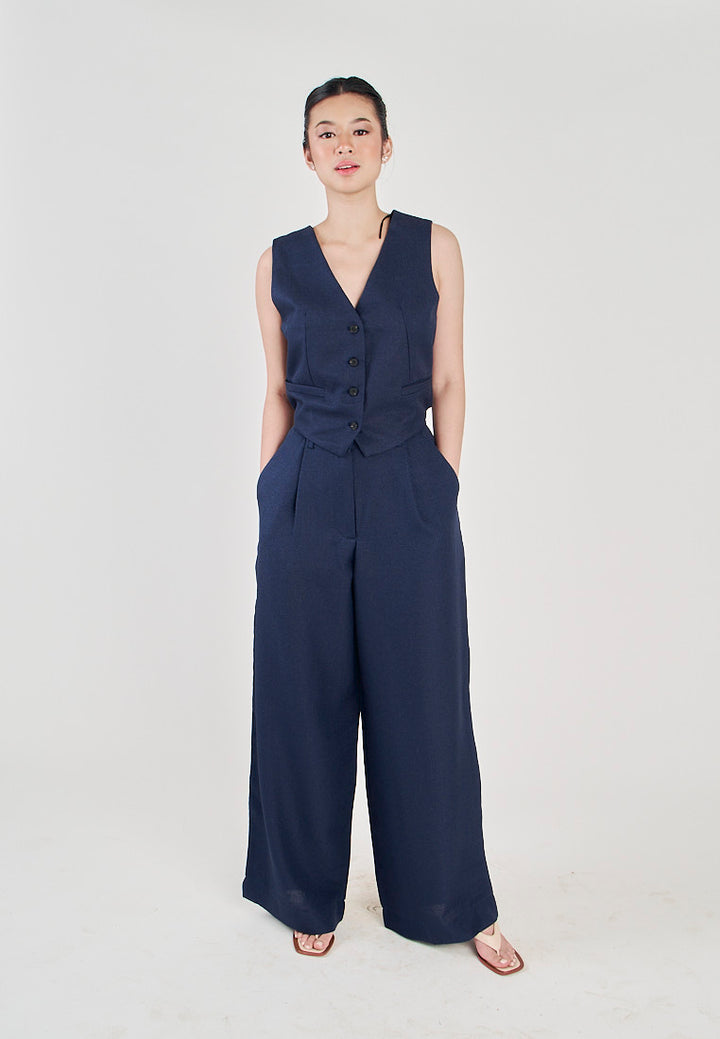 Kira Navy Blue Zipper Fly Pleated Wide Leg Trouser with Side Pockets