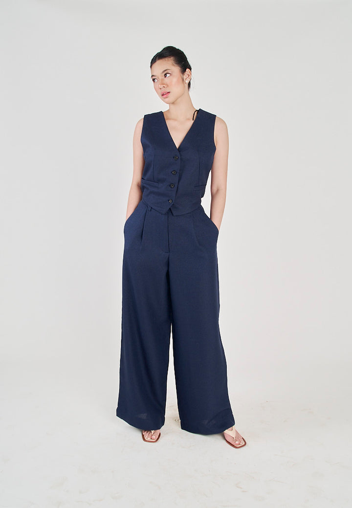 Kira Navy Blue Zipper Fly Pleated Wide Leg Trouser with Side Pockets