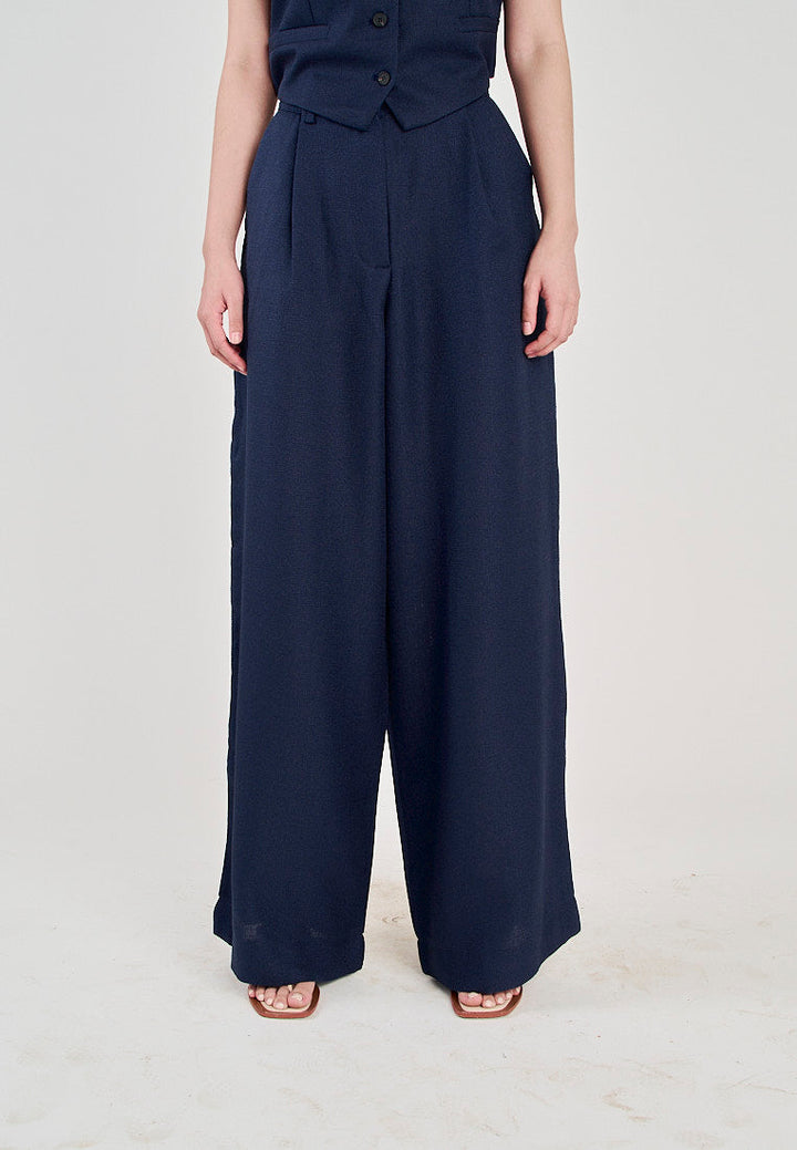 Kira Navy Blue Zipper Fly Pleated Wide Leg Trouser with Side Pockets